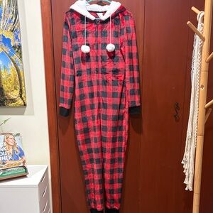 Women's Red and Black Plaid Hooded Pajama Jumpsuit